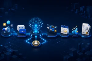 Arquitectura de IA empresarial desde la captación y mensajería hasta CRM, agenda, medición y contrato.